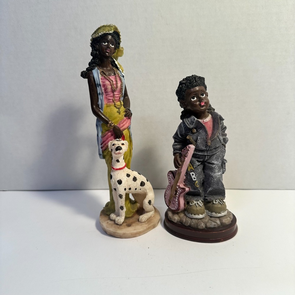 Vintage Style Black Woman Figurines Colorful Dress Folk Art Decor Pair Resin